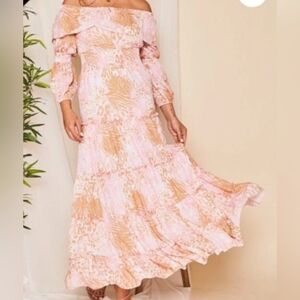 Peach Love Pink Beige Animal Print Tiered Smocked Maxi Dress Long Sleeve Sz S